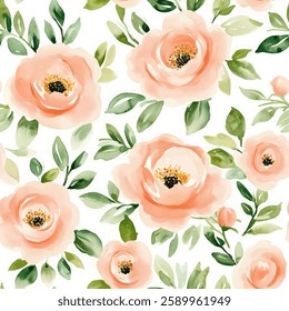 Peach roses and green leaves pattern. Flower seamless pattern. Watercolor print in rustic vintage style, textile or wallpapers.
