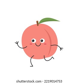 Peach running cute character cartoon juicy sweet fruit smiling face cheerful kawaii joy happy emotions icon vector illustration.