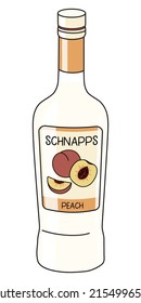 Peach schnapps in a bottle. Doodle cartoon hipster style vector illustration isolated on white background. For party card, posters, bar menu or alcohol cook book