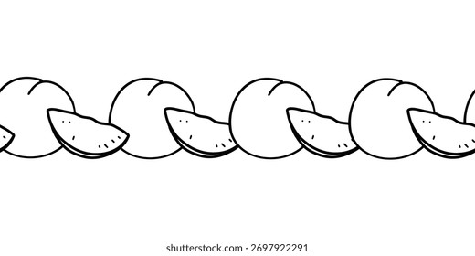 Peach seamless border in minimalistic style. Hand drawn Black and White line art of whole Fruit and Cut Slices graphic pattern. For product packaging, tape and fabric prints.