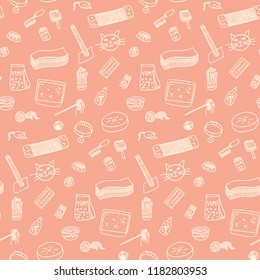 Peach seamless doodle pattern with cat accessories. Usable for pet brand, shop, website background, packaging. Toys, scratcher, collar, bowl with food, water, treats, grass, grooming tools, litter box