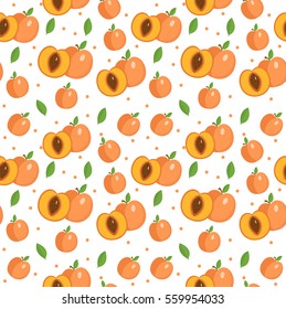 Peach seamless pattern. Apricot endless background, texture. Fruits backdrop. Vector illustration