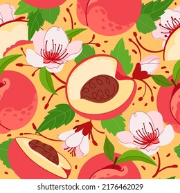 Peach seamless pattern with flower, whole and half fruit. Summer juicy fruit background. Peach repeat print wallpaper. Vector flat illustration