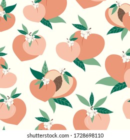 Peach seamless pattern with flowers. Fresh fuit summer vibes