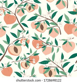 Peach seamless pattern with flowers. Fresh fuit summer vibes