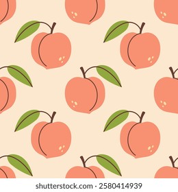 Peach seamless pattern. Peach fruit with leaf. Organic vitamins and healthy nutrition. Flat design, doodle style. Graphic texture. Fabric design. Vector