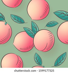 Peach seamless pattern. Peach fruits with leaves. Engraved style vintage botanical background. Can be use for design menu, packaging, recipes, market products.