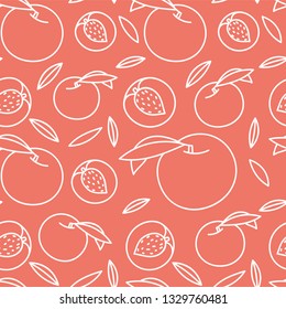 Peach seamless pattern. Hand drawn fresh exotic fruit. Vector sketch background. Color doodle wallpaper