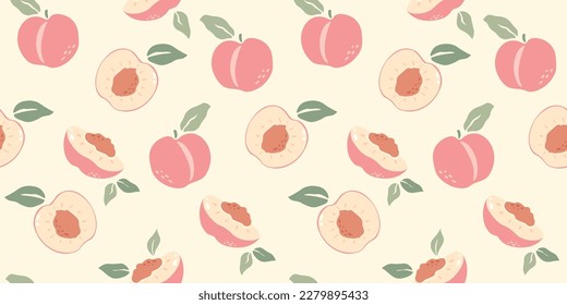 Peach seamless pattern with leaf. Half, slice and whole shape of peach, nectarine, apricot. Flat design of peaches illustration for fabric, paper, wallpaper, cover, interior decoration.