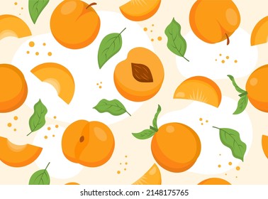 Peach seamless pattern. Repeating image for printing on bed linen. Natural and organic fruits with vitamins. vegetarian diet, fruit pieces and halves, leaves. Cartoon flat vector illustration