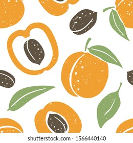 Peach seamless pattern. Ripe peach with stone seed and leaves on white background. Can be used for wallpaper, fabric, wrapping paper or decoration. Vector hand drawn illustration