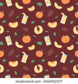 Peach Seamless Pattern, Peach slice, juice, smoothie