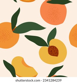 Peach seamless pattern. Sweet fruits and cut pieces. Summer tropical background for fabrics, textiles. Vector.