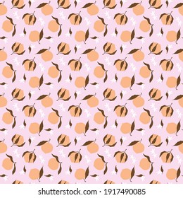 Peach seamless pattern, vector background scalable to any size. Peach fruits and their flowering. Color coating pink, peach, brown. For covers, fabrics, wallpaper, wrapping paper, scrap, notebooks etc