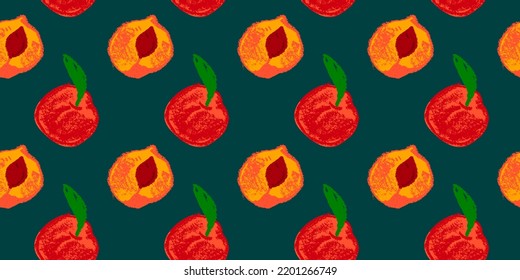 Peach Seamless Pattern. Vector Nectarine Wallpaper. Sketch Art  Peach Background For Organic Baby Food Label, Yogurt Packaging Design, Vegan Banner, Fruity Ornament. Apricot Backdrop For Jam Package.