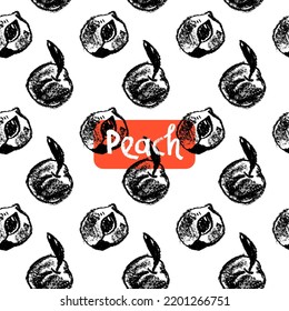 Peach Seamless Pattern. Vector Nectarine Wallpaper. Sketch Art  Peach Background For Organic Baby Food Label, Yogurt Packaging Design, Vegan Banner, Fruity Ornament. Apricot Backdrop For Jam Package.