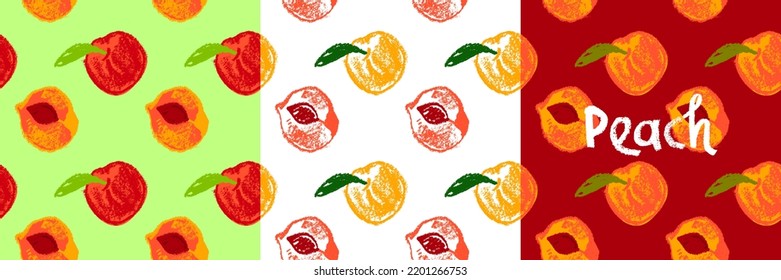 Peach seamless pattern. Vector nectarine wallpaper. Sketch art  peach background for organic baby food label, yogurt packaging design, vegan banner, fruity ornament. Apricot backdrop for jam package.