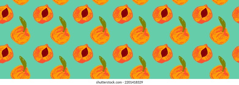 Peach Seamless Pattern. Vector Nectarine Wallpaper. Sketch Art  Peach Background For Organic Baby Food Label, Yogurt Packaging Design, Vegan Banner, Fruity Ornament. Apricot Backdrop For Jam Package.