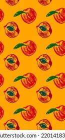 Peach Seamless Pattern. Vector Nectarine Wallpaper. Sketch Art  Peach Background For Organic Baby Food Label, Yogurt Packaging Design, Vegan Banner, Fruity Ornament. Apricot Backdrop For Jam Package.