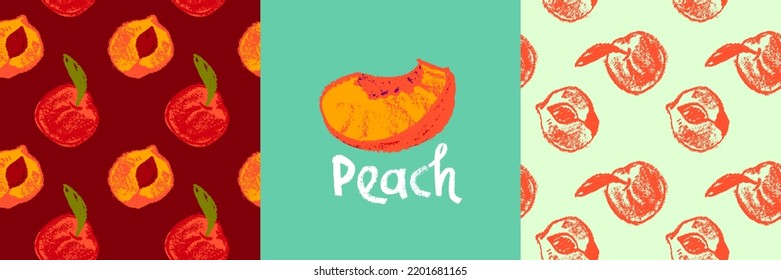 Peach Seamless Pattern. Vector Nectarine Wallpaper. Sketch Art  Peach Background For Organic Baby Food Label, Yogurt Packaging Design, Vegan Banner, Fruity Ornament. Apricot Backdrop For Jam Package.