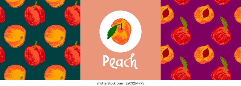 Peach seamless pattern. Vector nectarine wallpaper. Sketch art peach background for organic baby food label, yogurt packaging design, vegan banner, fruity ornament. Apricot backdrop for jam package.