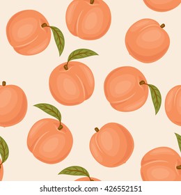 Peach seamless pattern. Peach vector wallpaper. Peaches with green leaves on light pink background