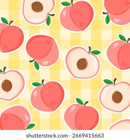Peach seamless pattern with yellow gingham background. Cute fruit cartoon. Food illustration. Can be used for wallpaper, paper wrapping, fashion fabric, kid decoration