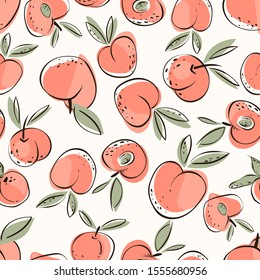 Peach seamless vector pattern, vector illustration. Hand drawn Illustration in vector. Can be used for fabric design, paper, textile, background, wallpaper, wrapping paper design idea.