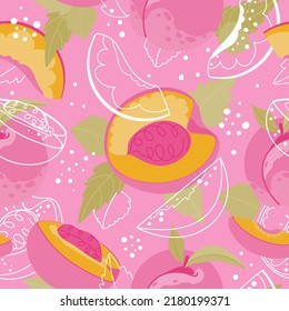 Peach seamless vector pattern with whole and half fruit and leaves on pink background. White outline doodle, flat illustration for textiles, fashion, wrapping paper, wallpaper