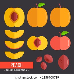 Peach set. Different peaches. Modern flat icons. Vector illustration