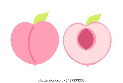 Peach set icons. Peach in the cut icon. Flat style. Vector icons.