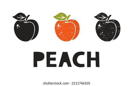 Peach, silhouette icons set with lettering. Imitation of stamp, print with scuffs. Simple black shape and color vector illustration. Hand drawn isolated elements on white background