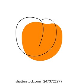 Pfirsichfarbener Zeichnungsstil für einzelne durchgehende Konturen. Süße Frucht in schlichtem schwarzem einzeiligen Umriss mit abstraktem Farbfleck isoliert auf Weiß. Logo-Konzept. Küchengarten handgezeichnete flache Vektorillustration