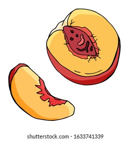 Peach and its slice. Cartoon single vector illustration. Isolated on white background. Stock illustration.