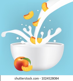 Peach slice in milk splash, vector