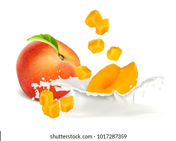 Peach slices  falling to milk. Vector illustration.