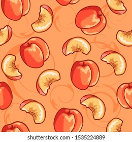 Peach and slices on a table seamless pattern. Illustration of a repetitive texture of summer fruits - vitamin C, tropical nectarines.