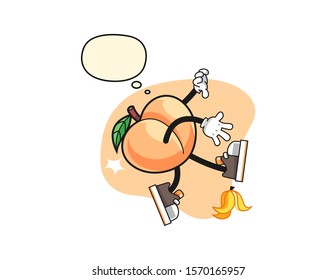 Peach slip on banana peel with thought bubble cartoon. Mascot Character vector.