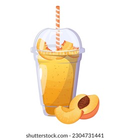 Peach smoothie. Summer refreshing drink with peach in plastic cup. Healthy food. Bar menu.