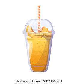 Peach smoothie. Summer refreshing drink with peach in plastic cup. Healthy food. Bar menu.