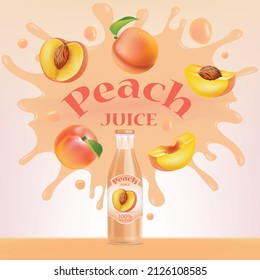 Peach splash juice bottle tropical fruits design vector illustration