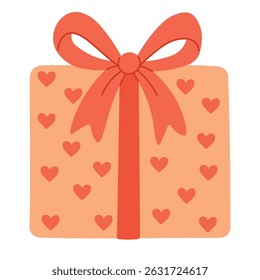 Caja de regalo cuadrada de melocotón con corazones rojos y arco, perfecta para diseños románticos y de vacaciones.