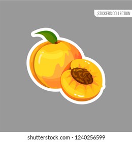 Peach sticker isolated on white background. Bright vector illustration of colorful half and whole of juicy peach. Fresh cartoon