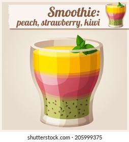 Peach, strawberry and kiwi smoothie in glass. Detailed Vector Icon. Series of food and drink and ingredients for cooking.