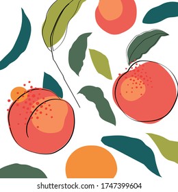 Peach  Summer  Fruit And Leaves Summer Abstract  Modern Style White Background