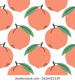Patrón de verano de melocotón sobre fondo blanco. Patrón simple sin fisuras con melocotones. Diseño de Vector para tarjeta de felicitación e invitación de vacaciones de verano de temporada