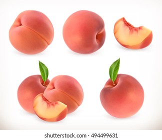 Peach. Sweet Fruit. 3d Vector Icons Set. Realistic Illustration