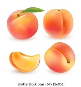 Peach. Sweet Fruit. 3d Vector Icons Set. Realistic Illustration