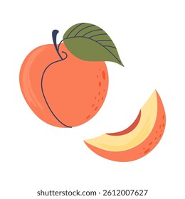Peach. Sweet Summer fruit with slice and leaf isolated on transparent background. Hand drawn flat design vector illustration.
