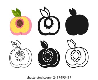 Peach symbol cartoon set. Half a peach linear doodle icon. Abstract colorful childish hand drawn fruit. Sign graphic stylized peach silhouette shape or simple art. Vector graphic trendy illustration